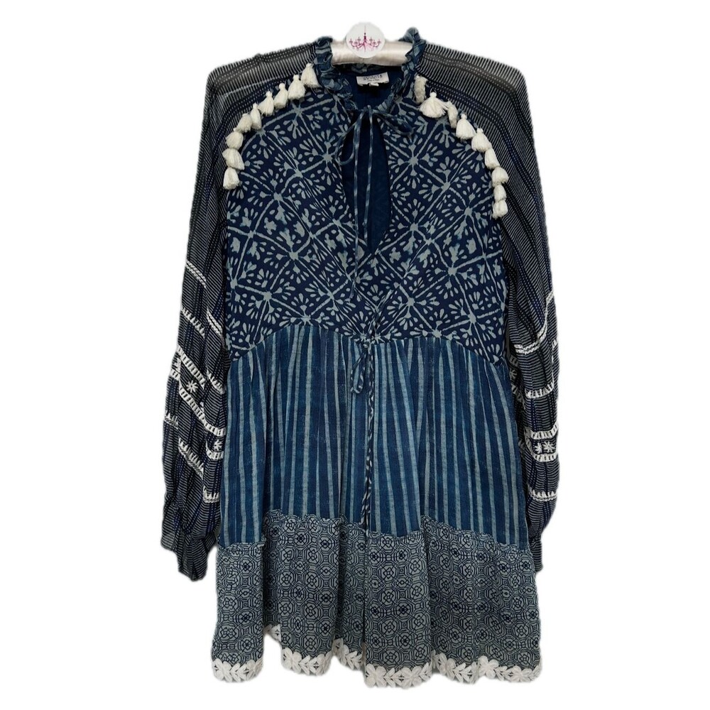 Hemant & Nandita Dress Womens Indigo Blue Embroidered Lace Tassels Boho Ruffle